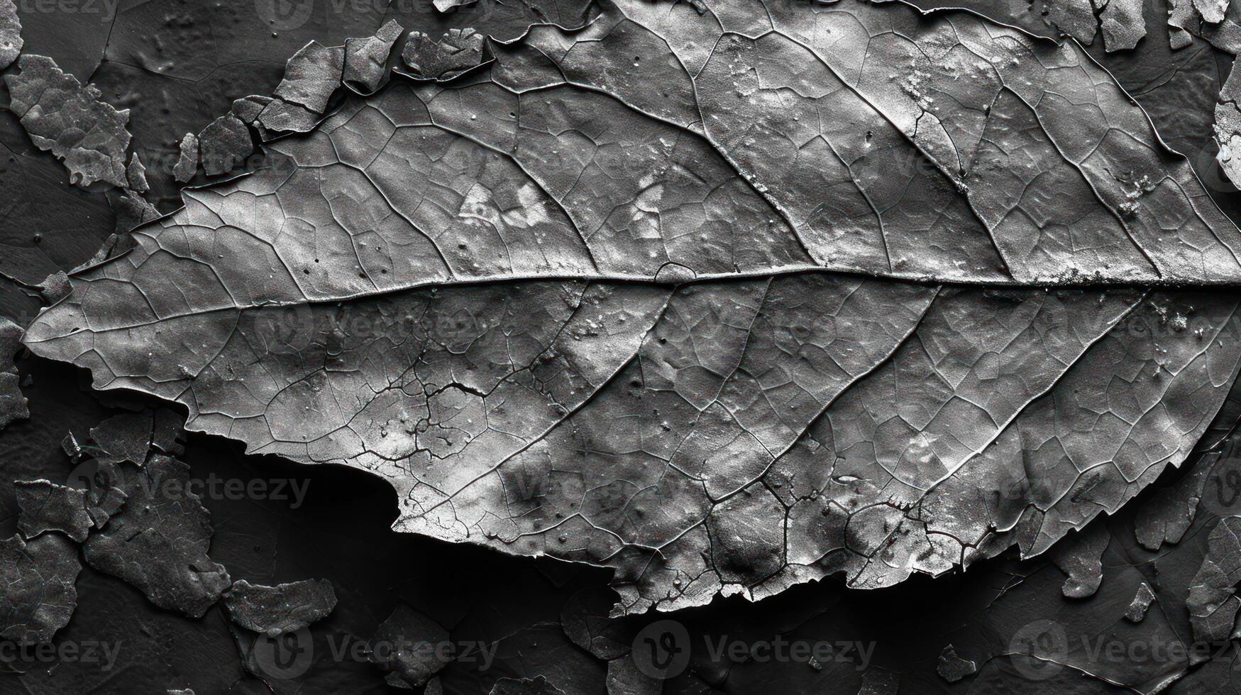 Close-up of a weathered leaf on a textured surface. Detailed view of leaf's intricate veins and cracked texture, layered on a dark, rough surface. photo