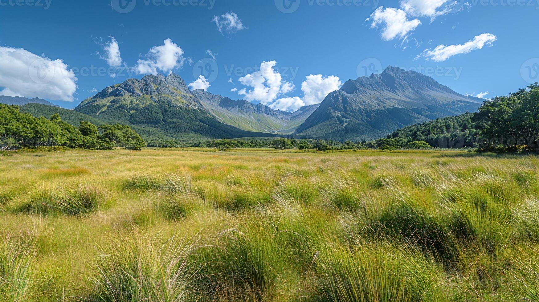 Lush meadow stretches before towering mountain peaks under a vibrant blue sky. photo