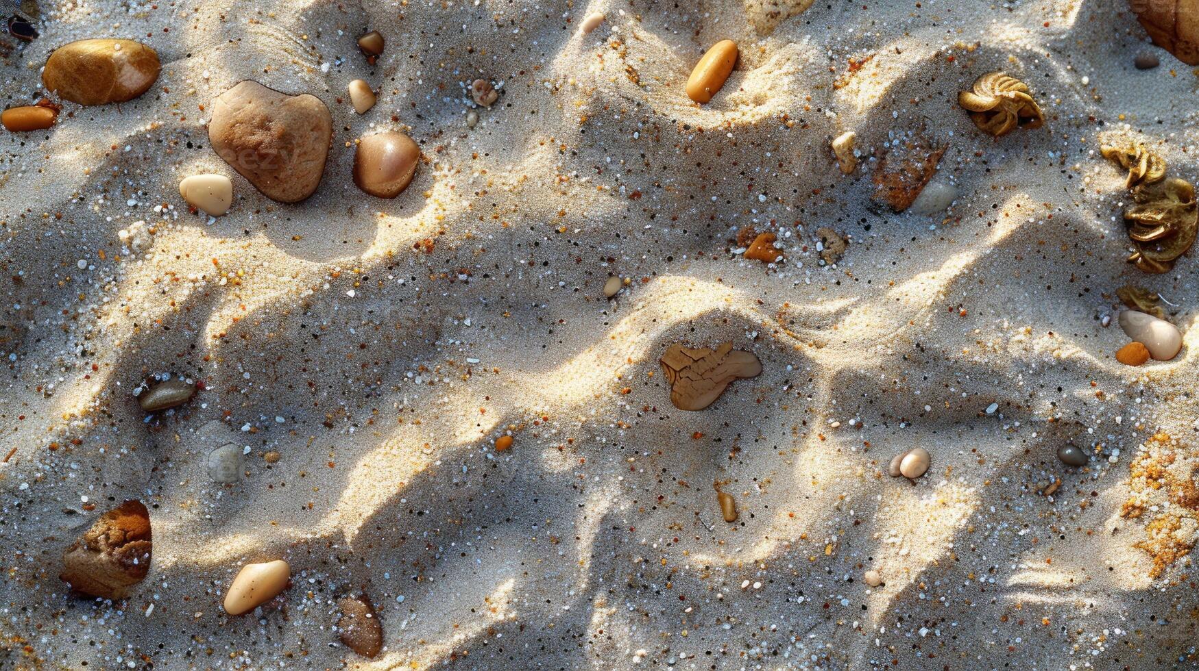 Close-up view of light beige sand with small stones and shells. Natural texture, beach, outdoor, photo