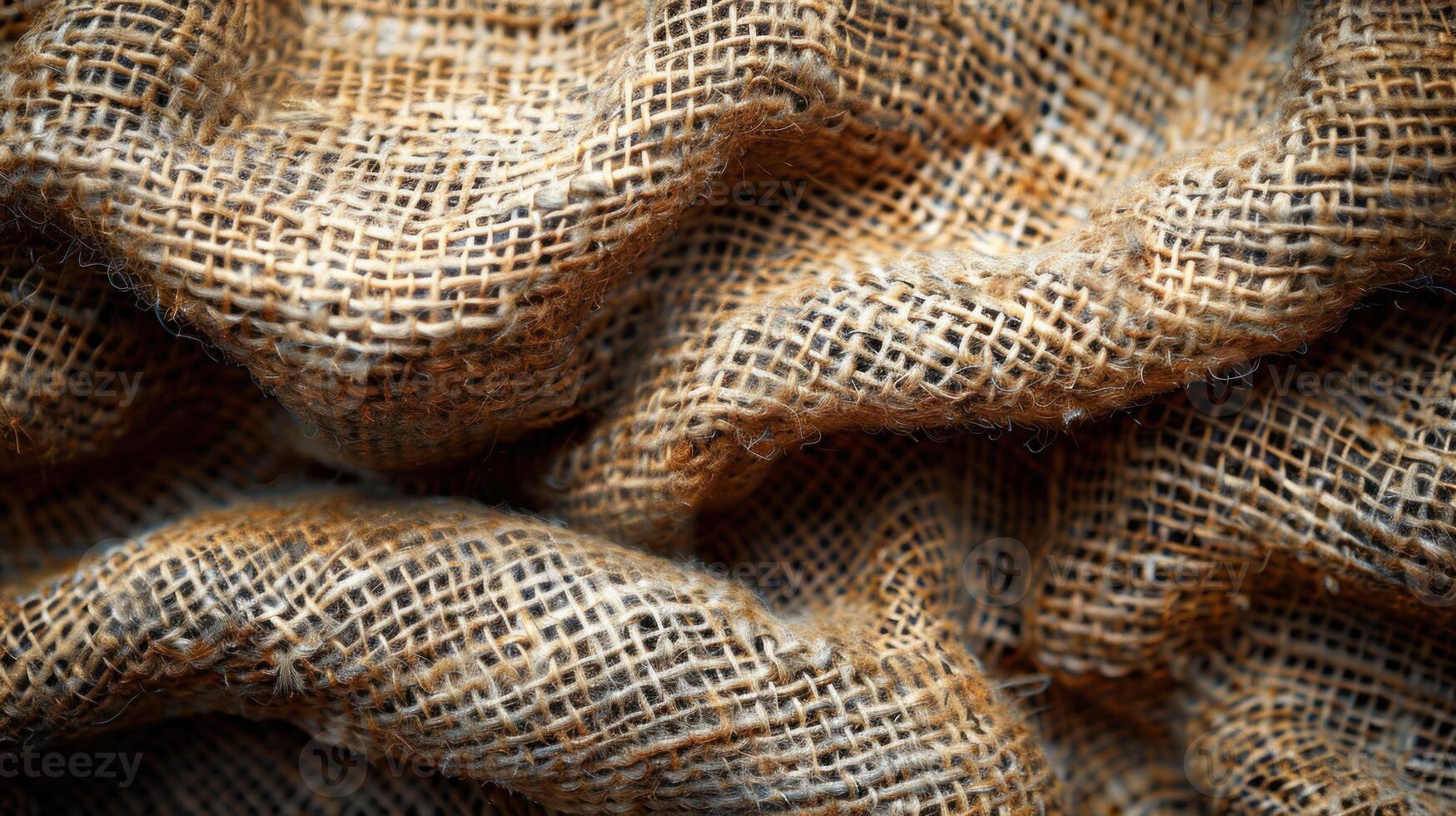 Close-up view of wrinkled, natural burlap fabric texture. photo
