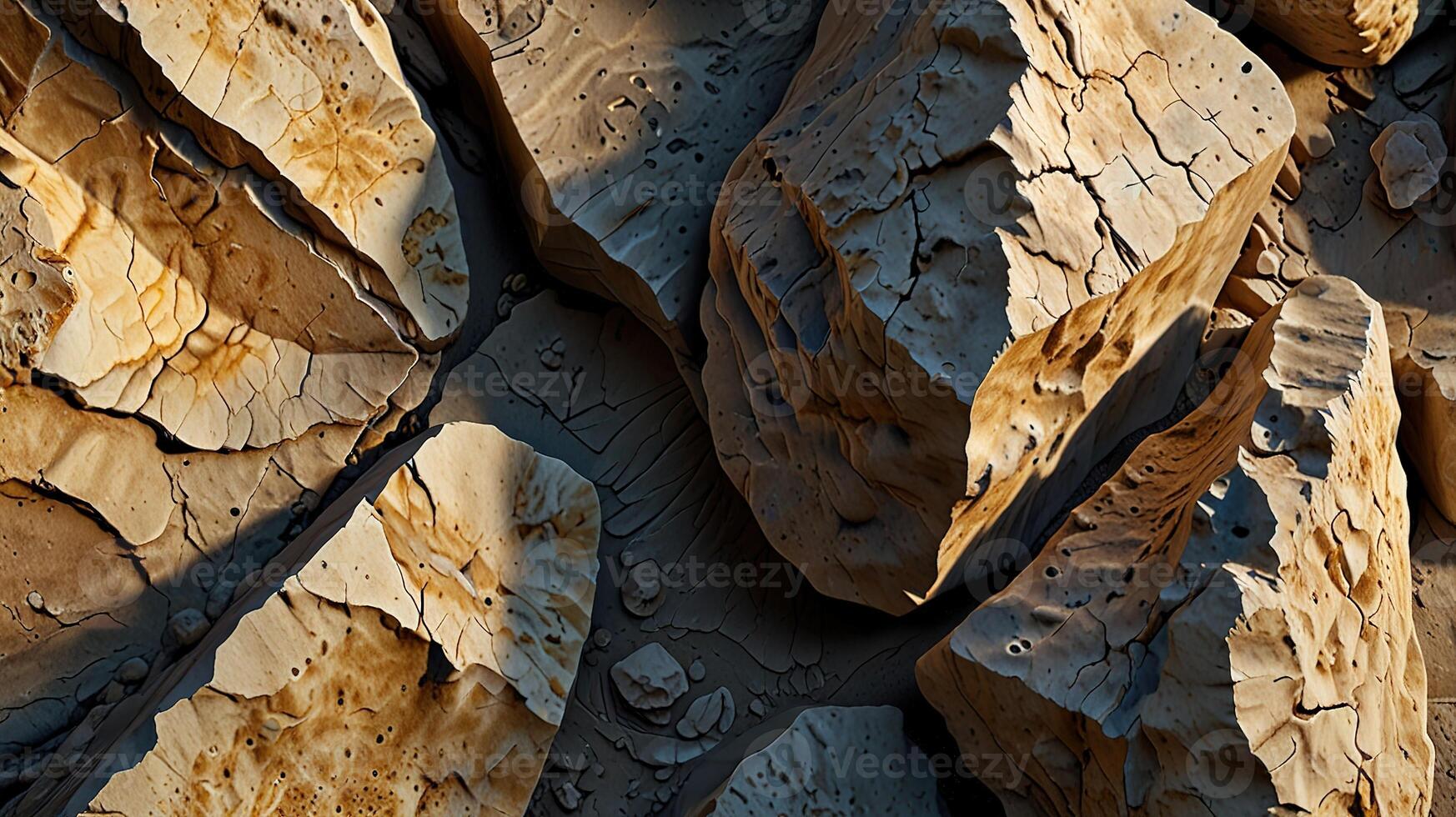 weathered limestone rock surface with intricate fossil imprints, illuminated by diffused morning light. Show the delicate interplay of light and shadow that highlights the fine details of the fossils. photo