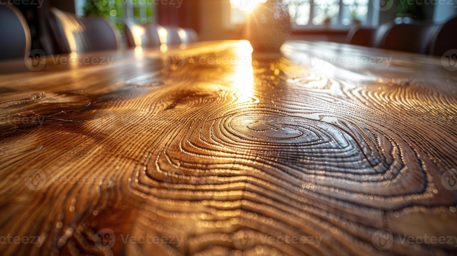 Close-up of a wooden table top with intricate wood grain patterns, sunlight reflecting on the polished surface. photo