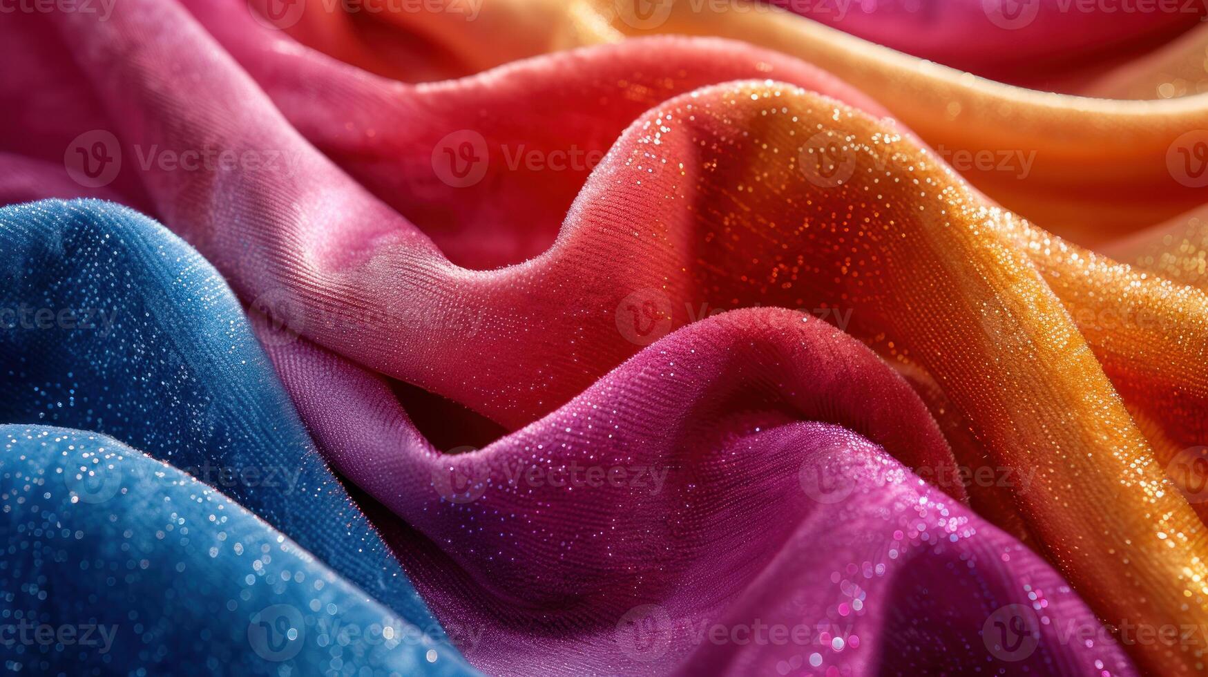 Vibrant, multicolored, textured fabric draped in flowing waves, showcasing a gradient of colors from blue to orange. photo