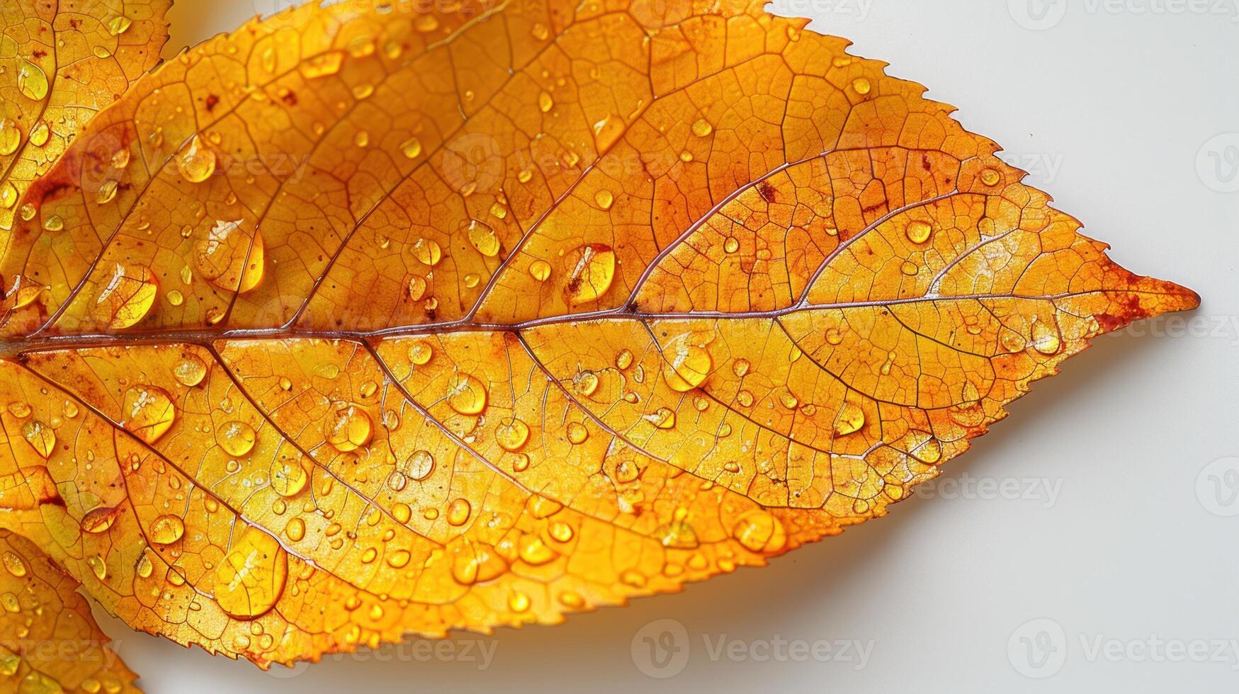 Close-up of a vibrant autumn leaf, covered in dew drops. Detailed texture and color visible. photo