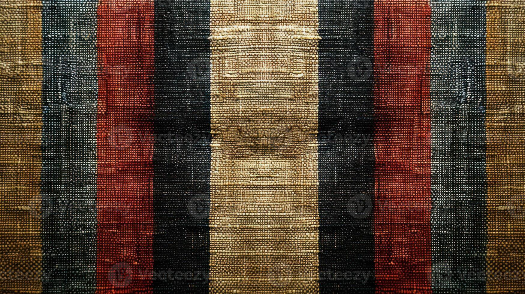 Close up of a textured fabric with vertical stripes of various colors, showing signs of age and wear. photo