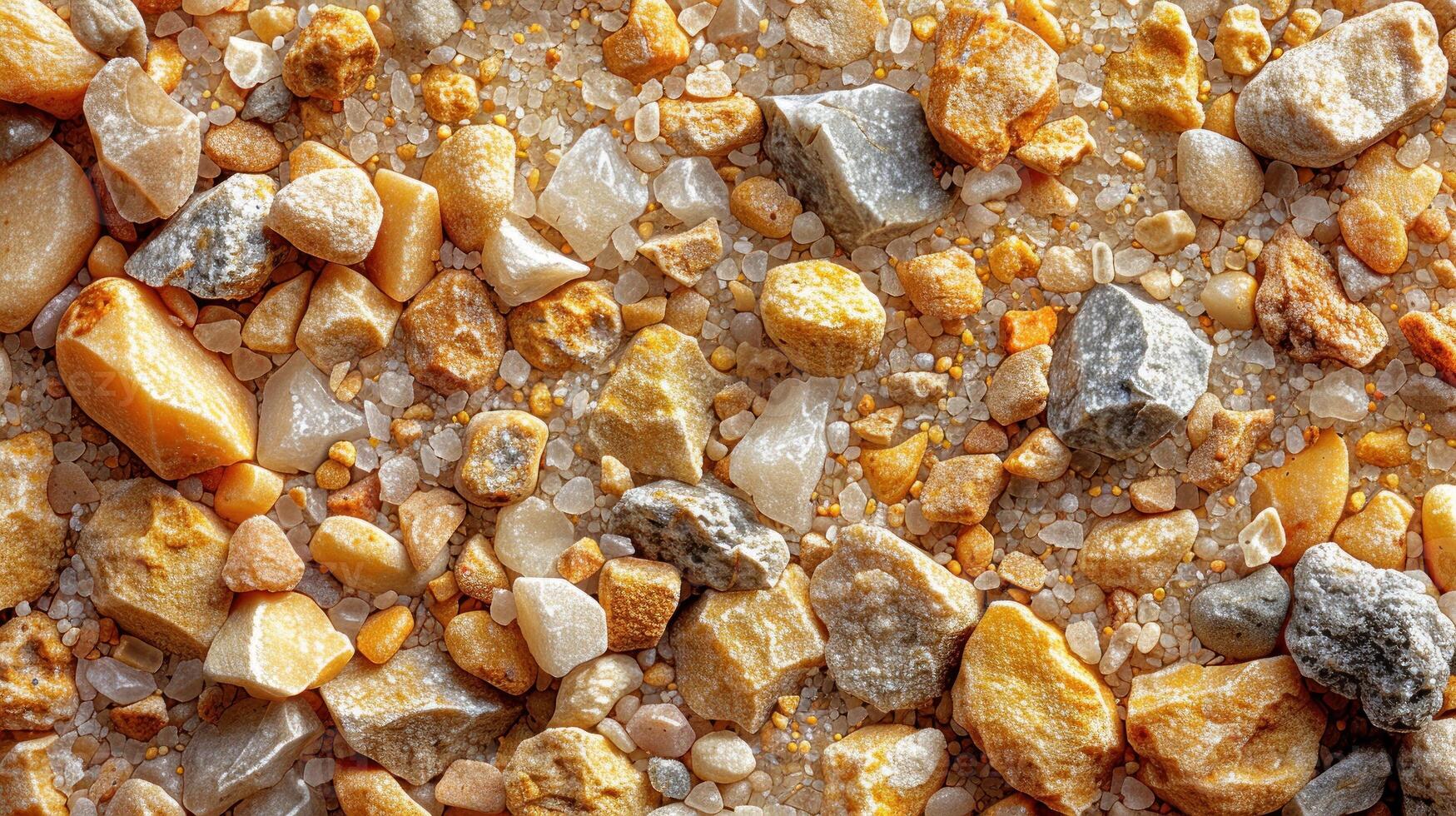 Close-up of multicolored small stones and sand. Texture of various rock fragments and grains. photo