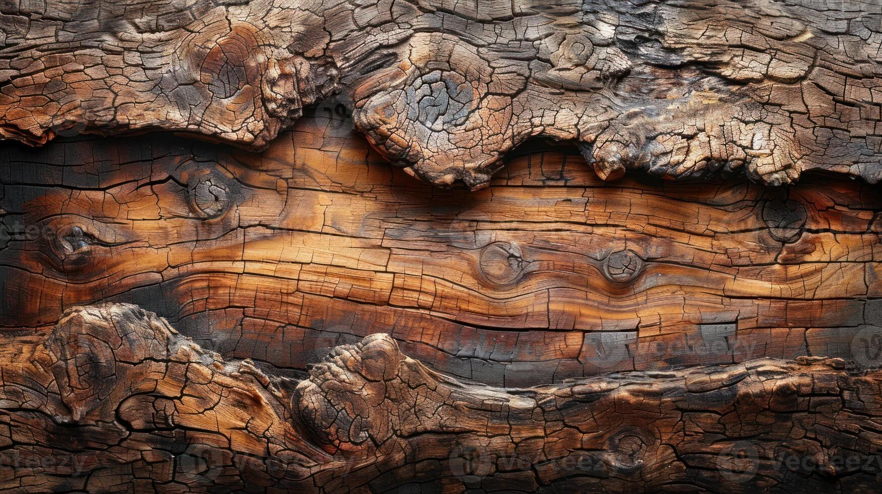 charred wood with deep cracks and textures. Natural wood grain patterns with dark burnt areas. photo
