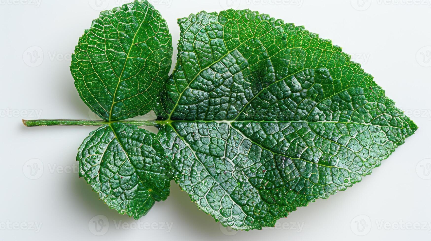 Close-up of a vibrant green leaf with intricate vein patterns, on a white background. photo