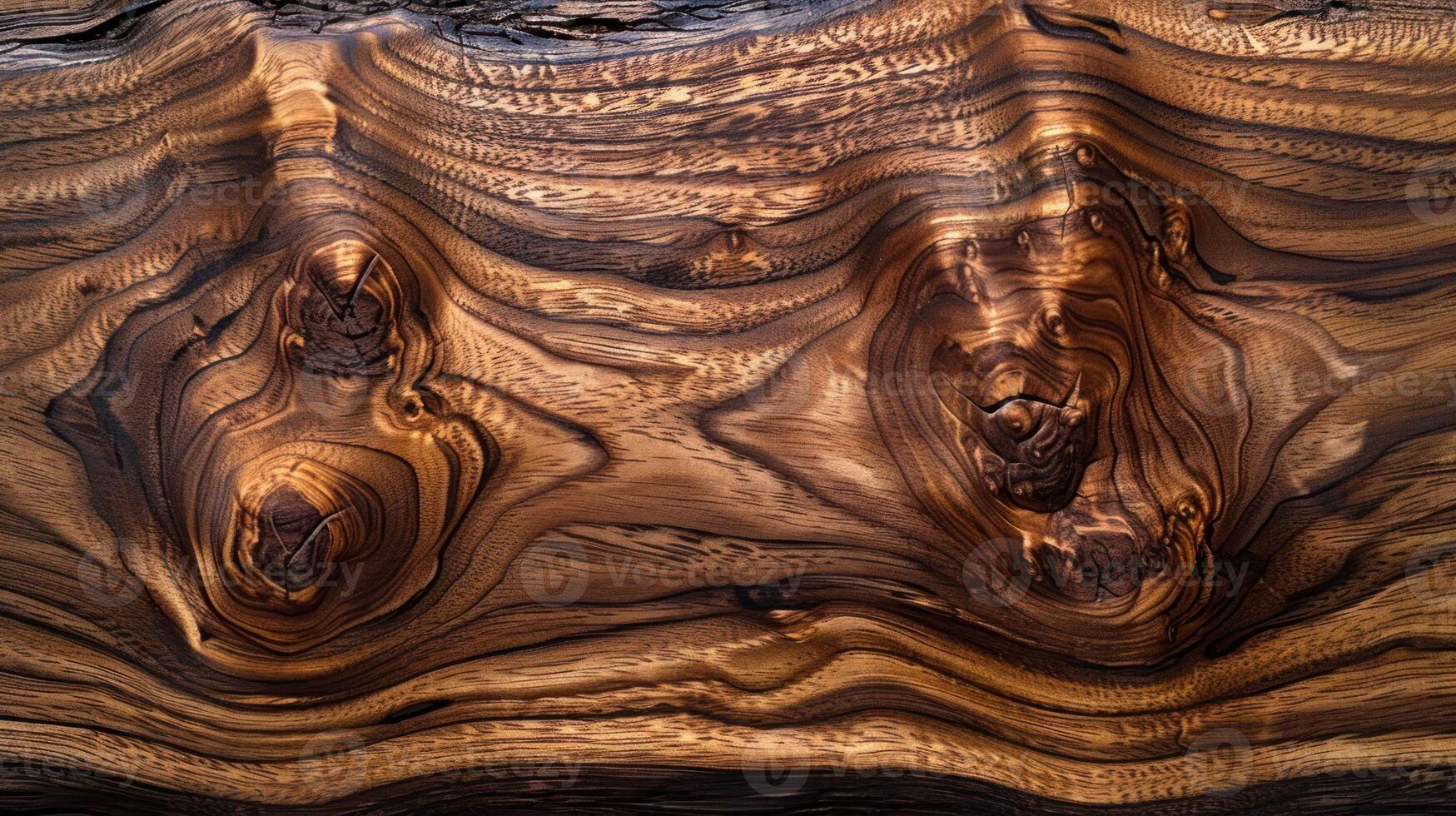 Detailed close-up view of a wooden plank with intricate wood grain patterns and unique knots. photo