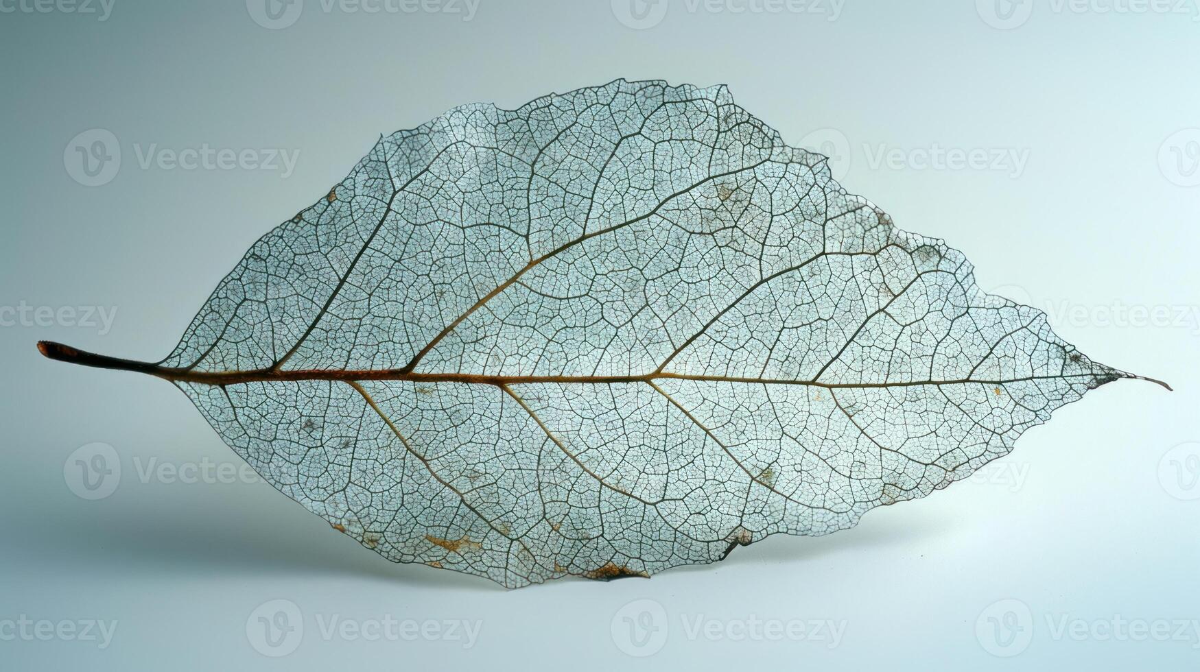 Detailed close-up of a translucent, light-gray leaf, displaying intricate veins and structure. photo