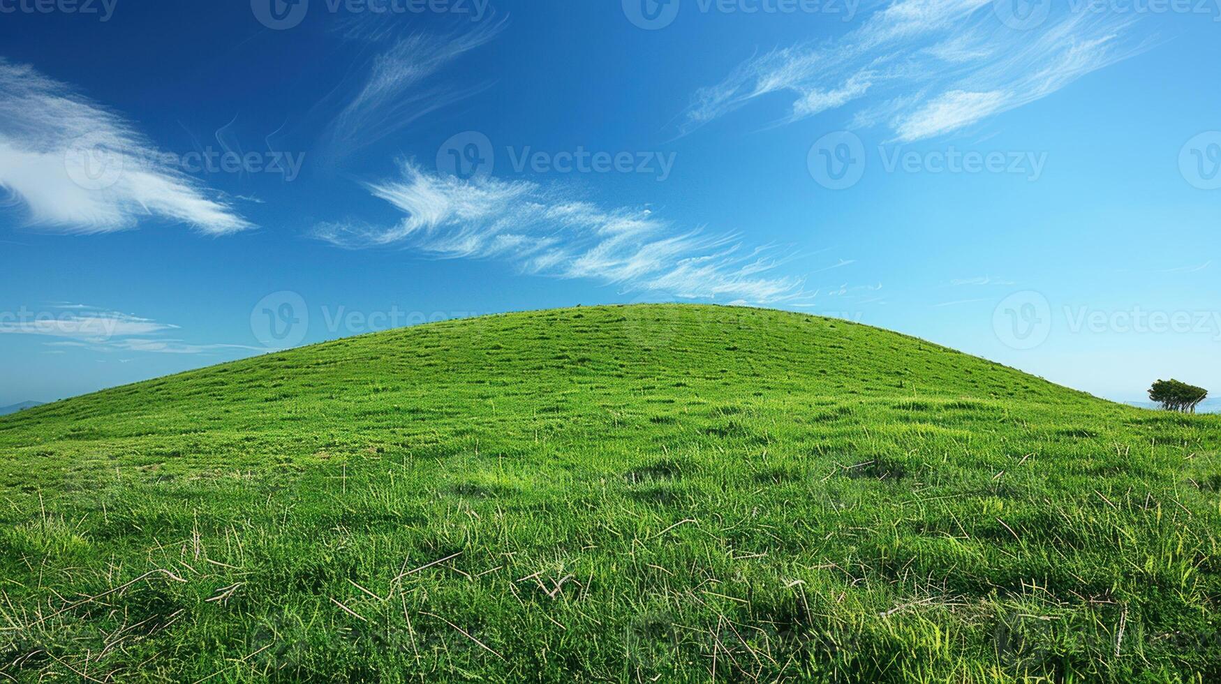 Lush green hill under a vibrant blue sky. photo