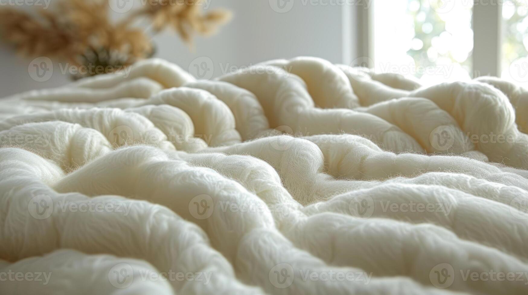 Soft, textured, cream-colored blanket, close-up view of cozy, fluffy material. photo
