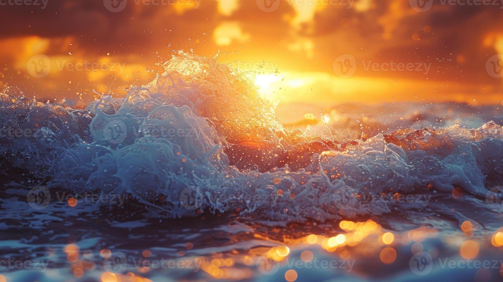 Dramatic ocean waves crashing at sunrise with vibrant colors. photo