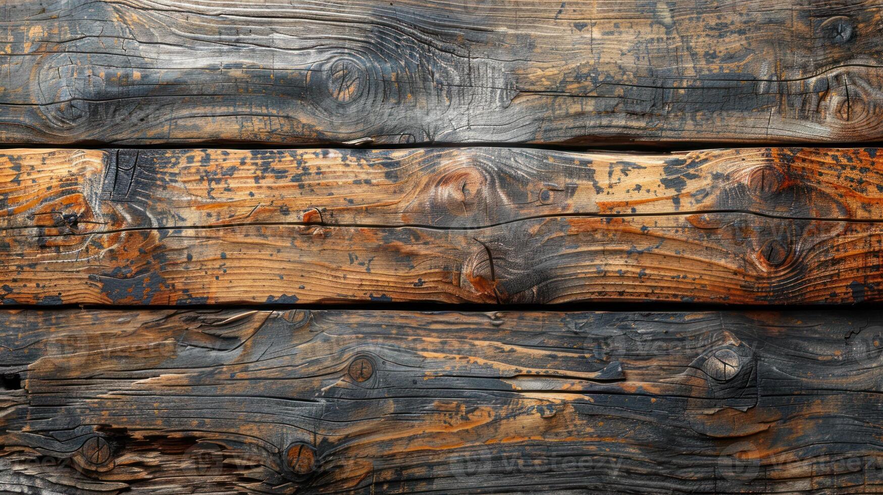 Horizontal weathered wood planks with dark brown and orange tones. Intricate wood grain and textures, showing signs of age and use. photo