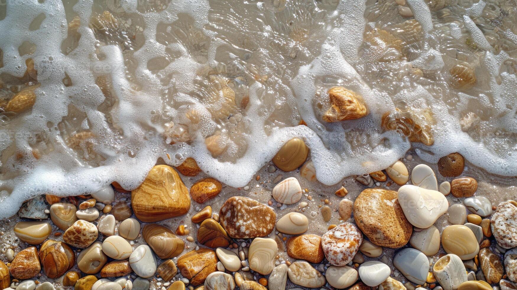 Close-up view of foamy waves lapping over a beach with colorful pebbles. photo