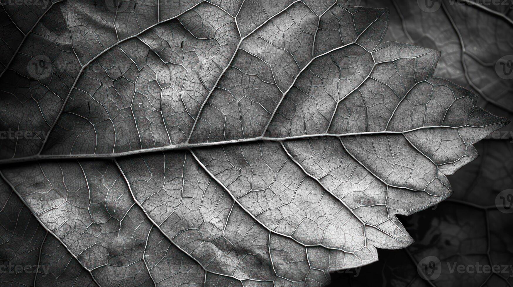 Close-up grayscale view of a leaf's intricate veins and textures. photo