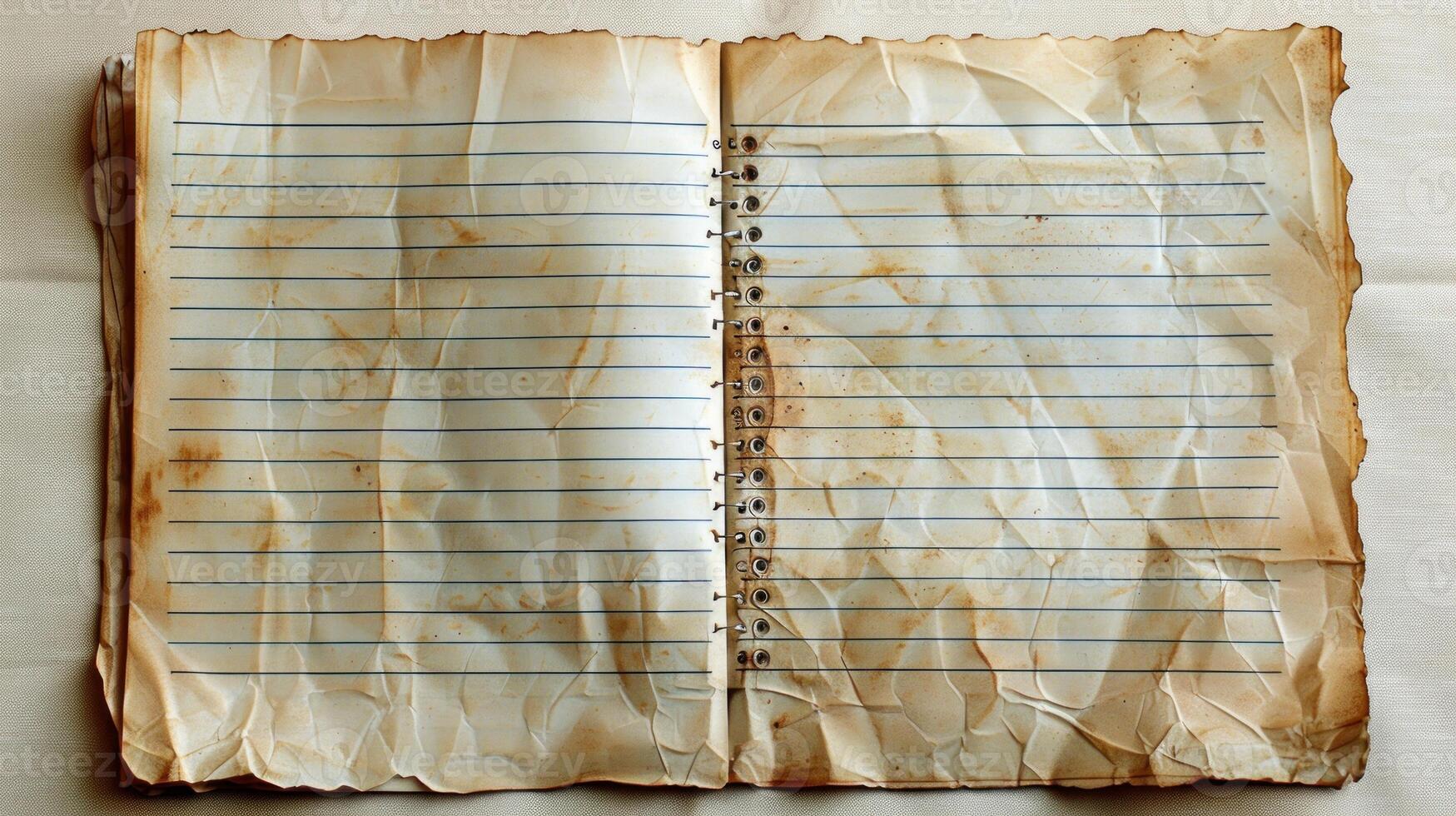 Aged, creased, lined notebook open. photo