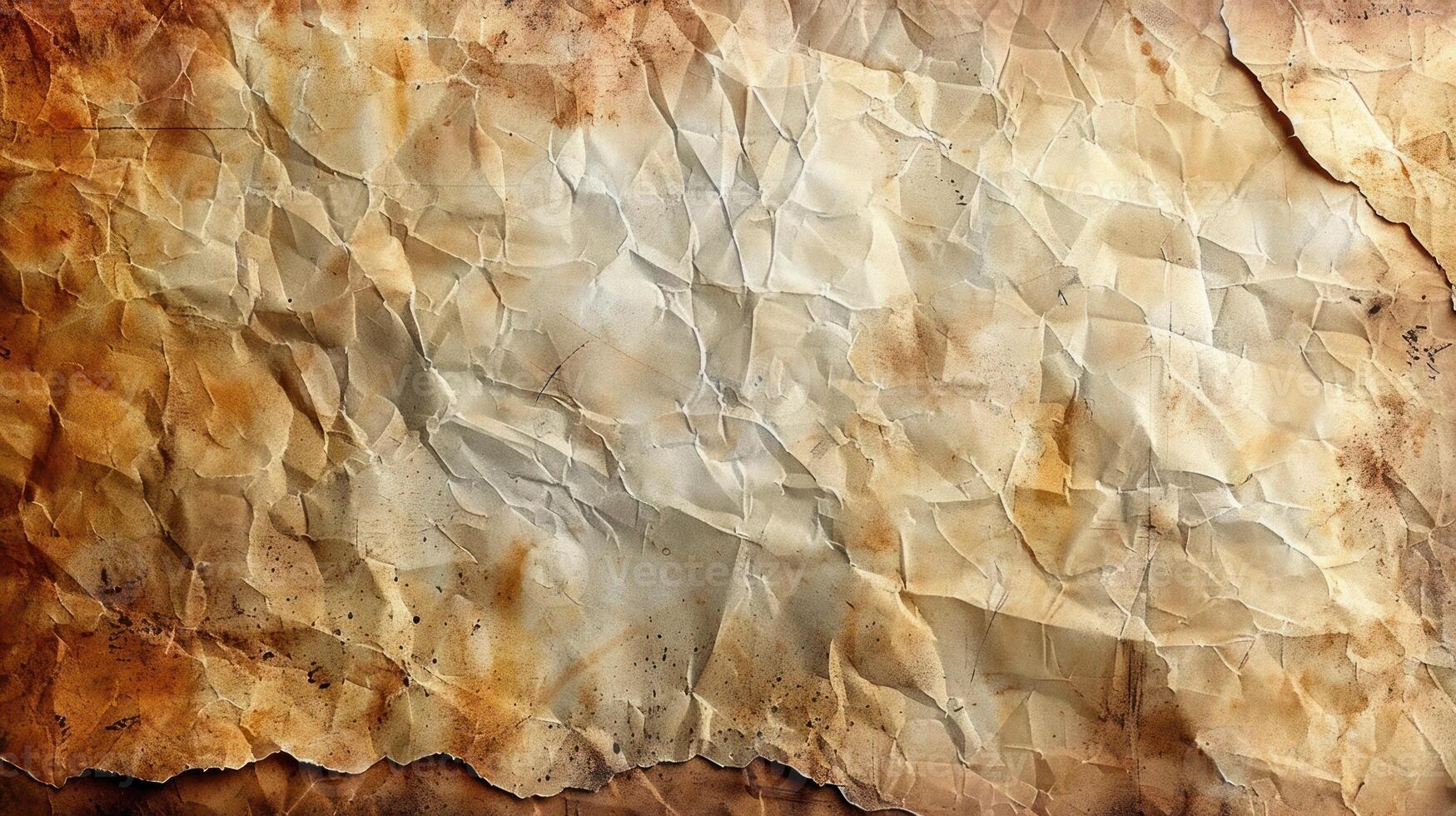 Aged, wrinkled, and creased antique paper texture. Faded, stained, and distressed paper with uneven tones and creases. . photo