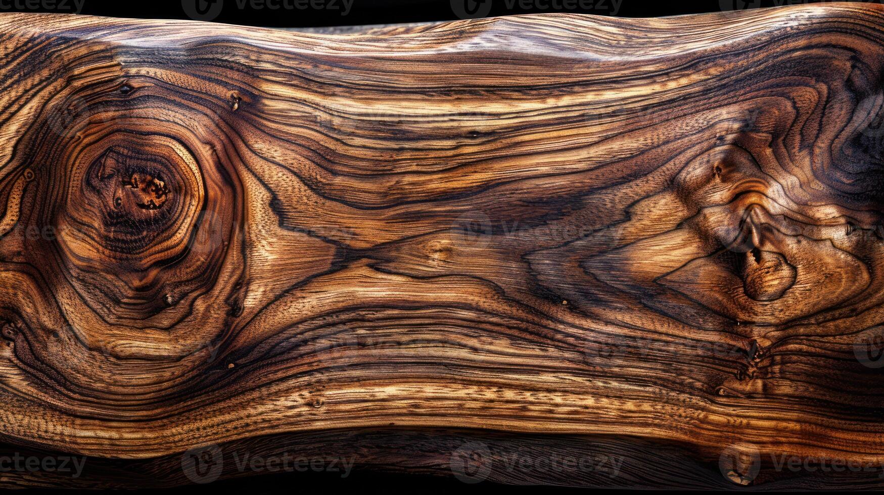 Abstract wood grain texture, dark brown wood slab with wavy patterns, intricate wood grain details. photo