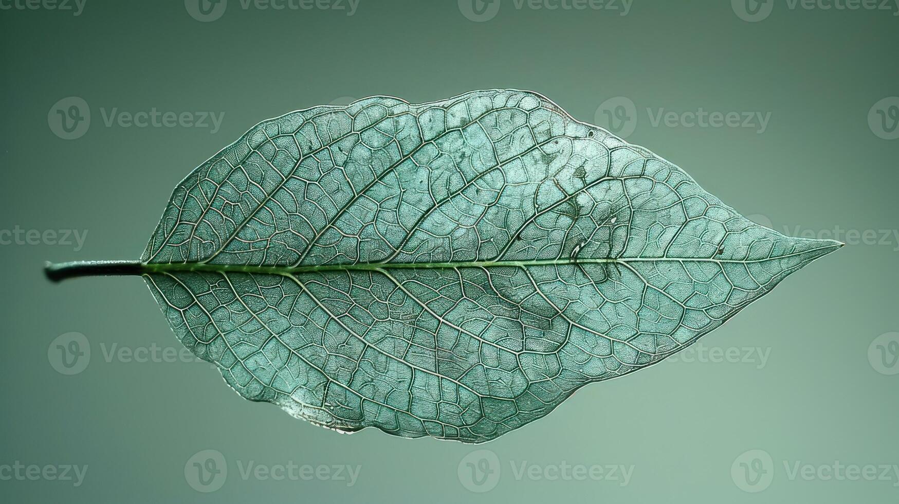 Detailed close-up of a delicate, light teal leaf, showcasing intricate vein patterns. photo