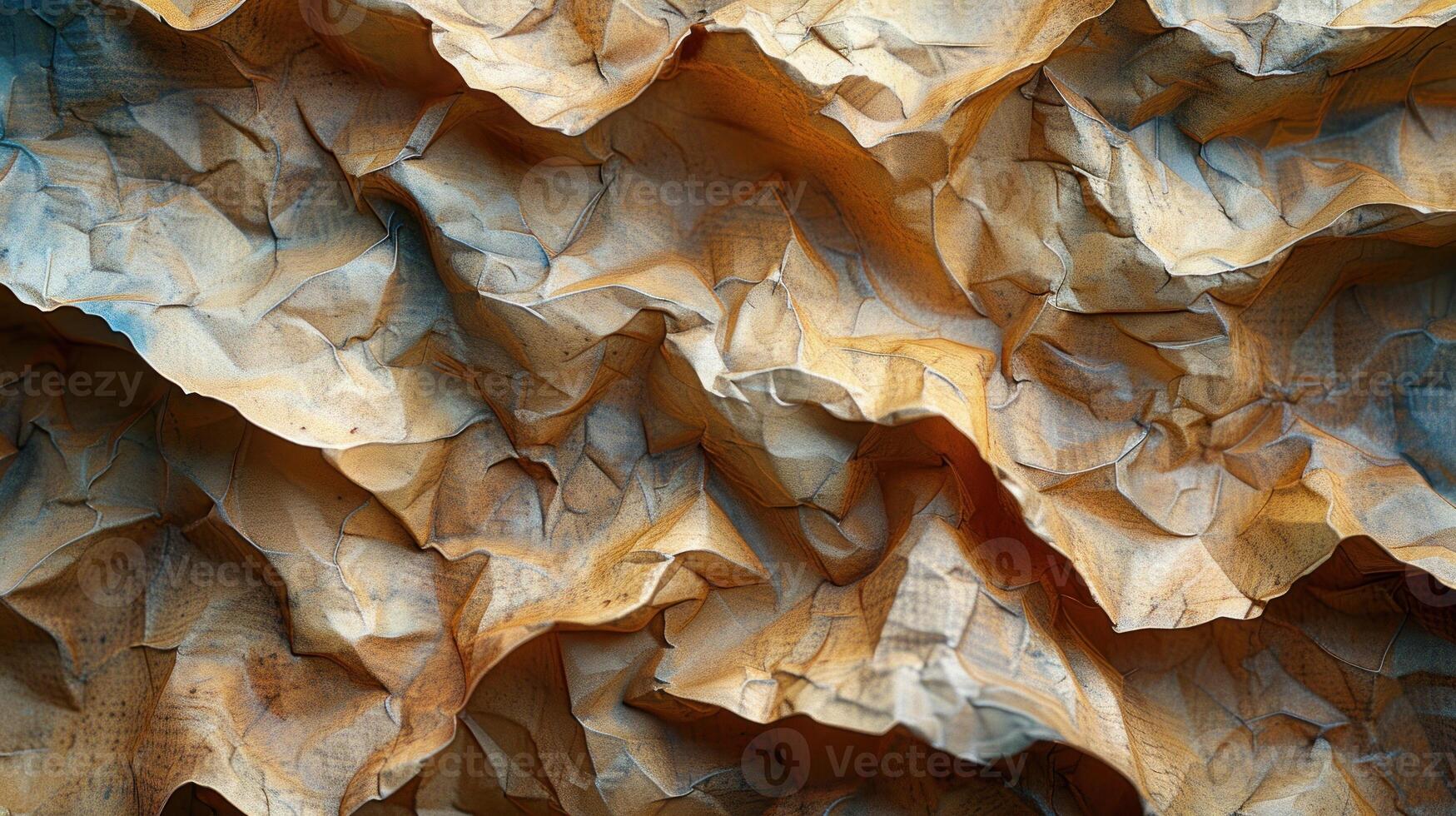 Abstract crumpled paper texture with varied shades of beige and gray. photo
