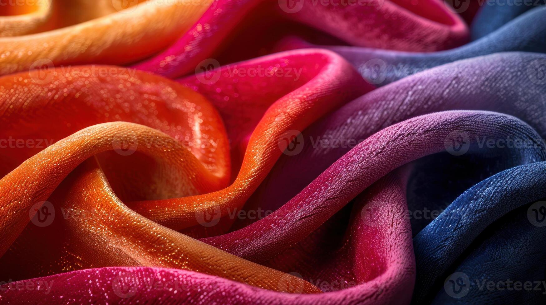 Vibrant, colorful, draped fabric with ombre effect. Wrinkled and textured surface. Close-up view. photo