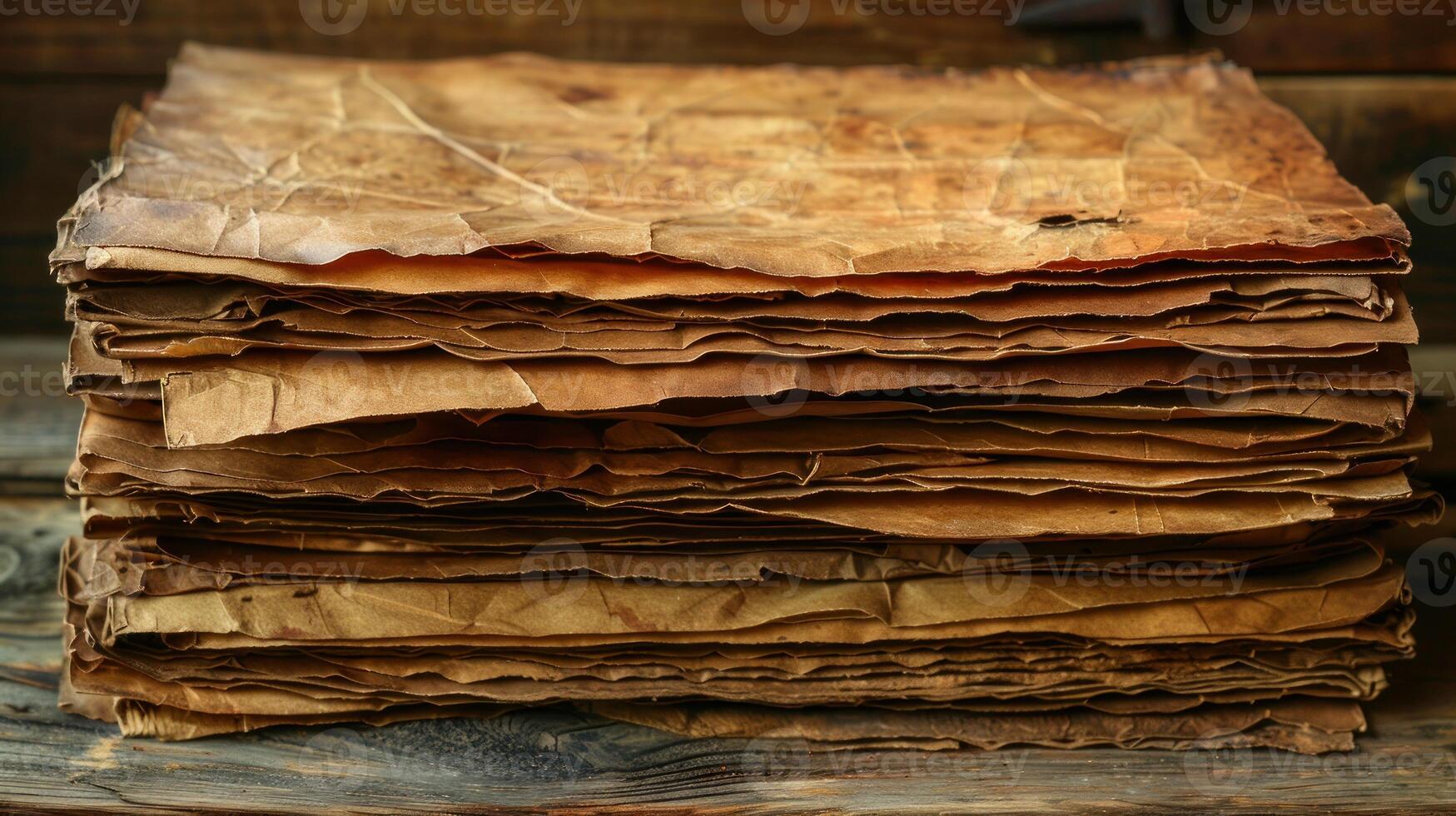 A stack of old brown paper on a wooden table photo
