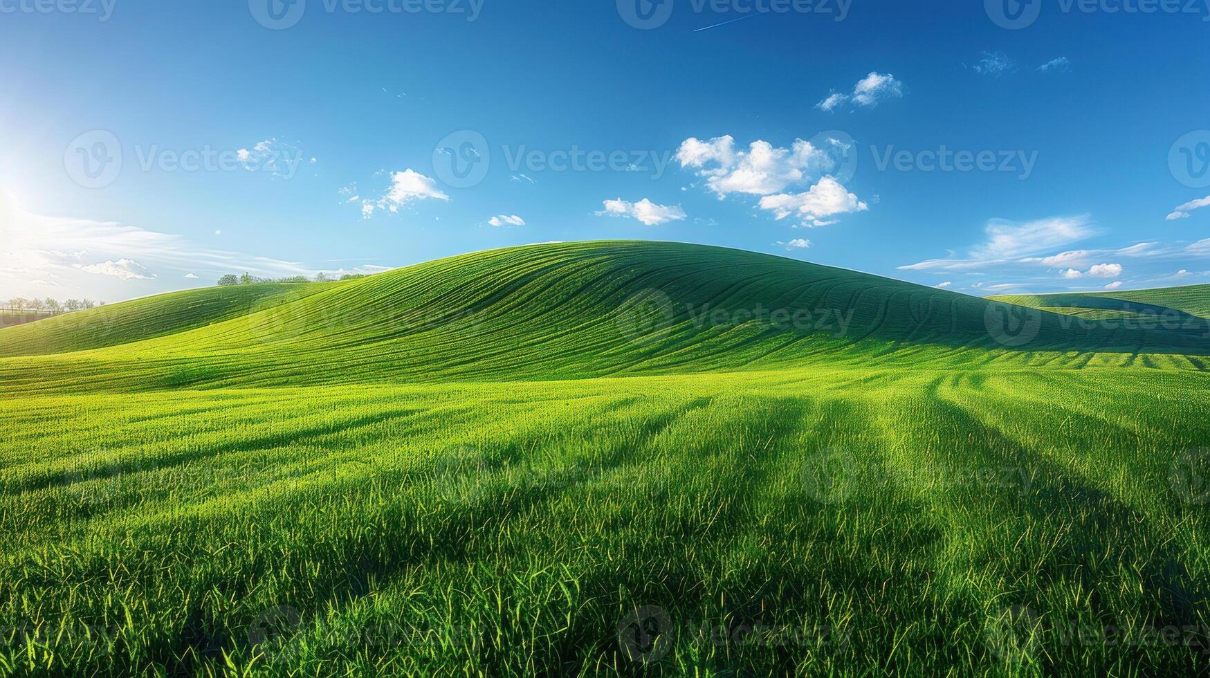 Lush green field with rolling hills under a vibrant blue sky photo