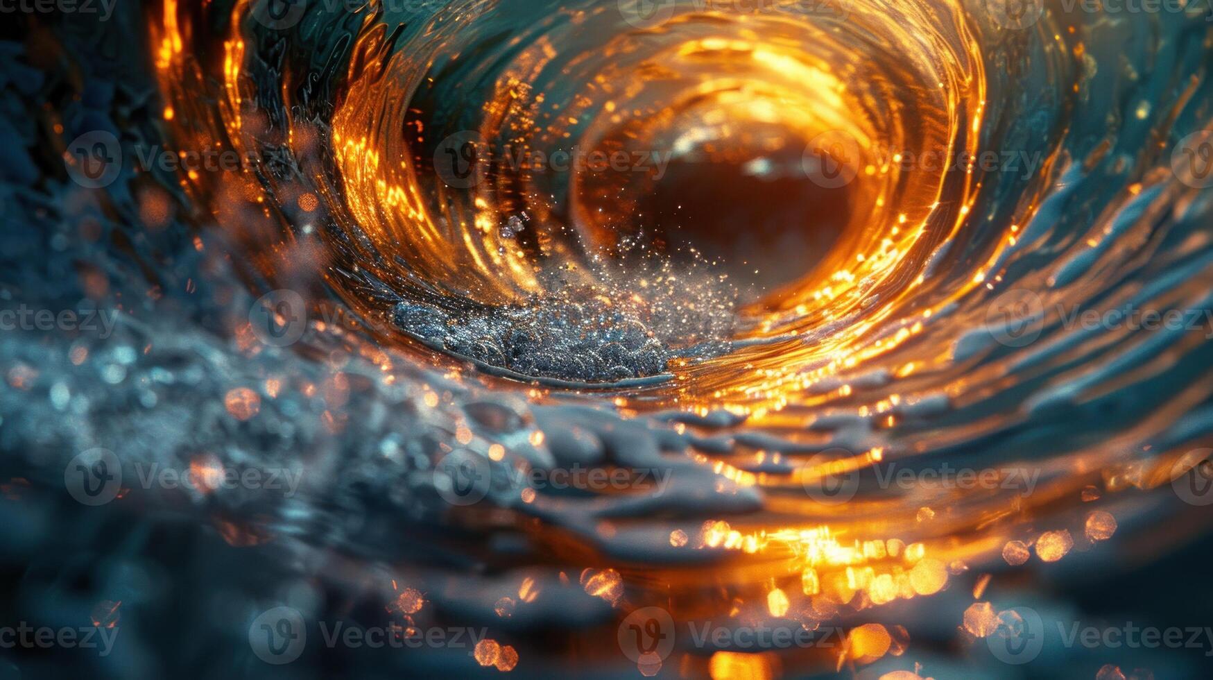 Abstract swirling water vortex, vibrant golden light reflecting on dark water surface. photo