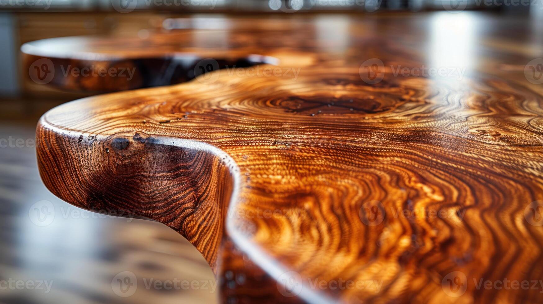 Close-up view of a polished, natural wood table top with intricate wood grain patterns. photo