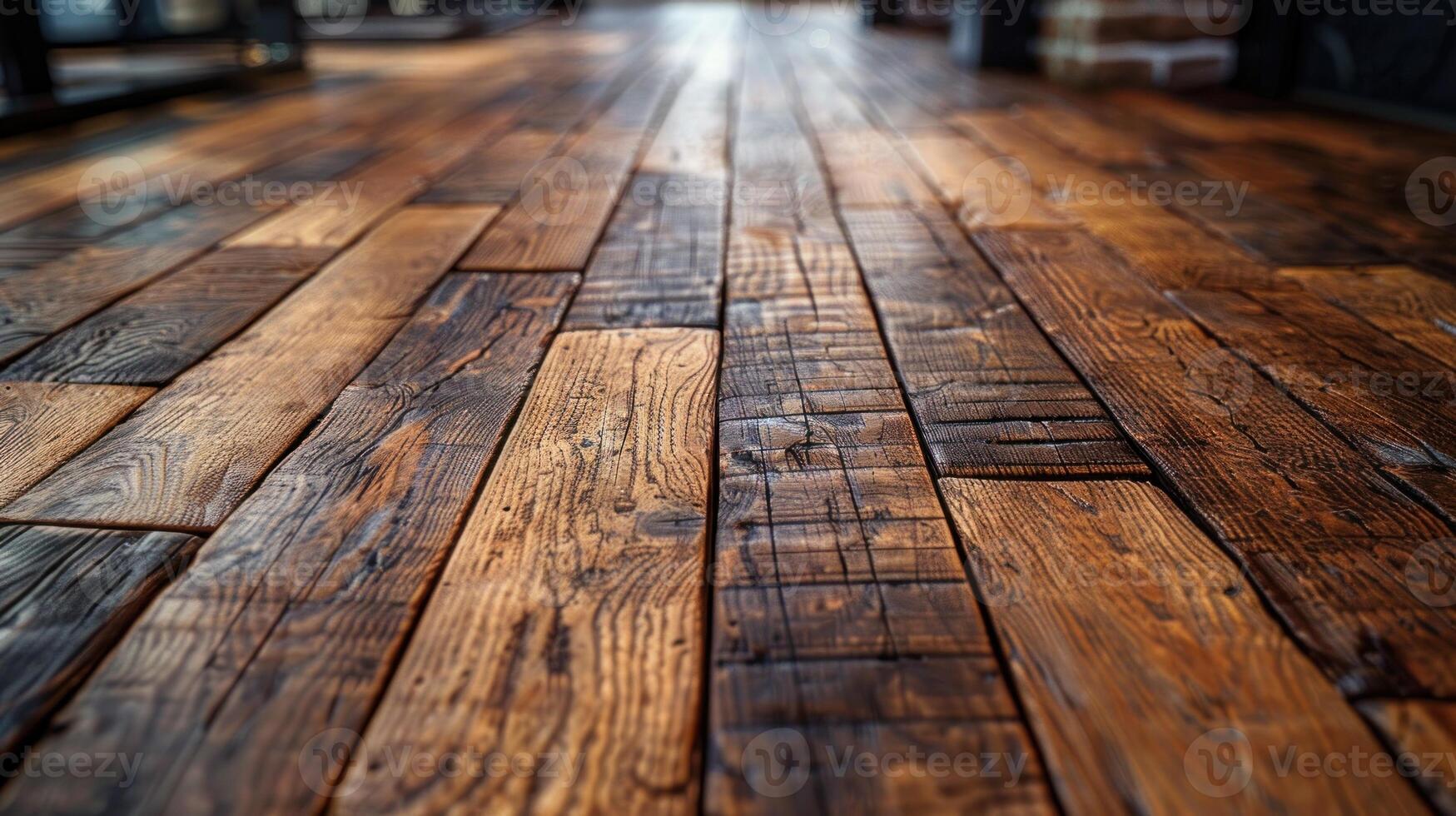 Close-up view of a reclaimed wood floor, showing various shades of brown and dark brown planks. Perspective gives a sense of depth and spaciousness. photo