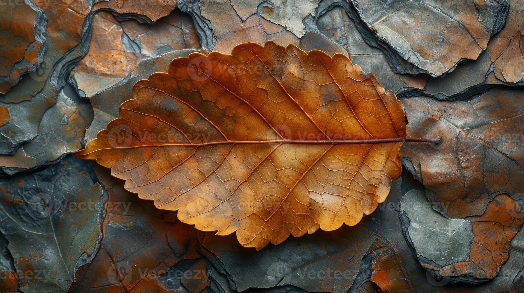 Autumn leaf on textured rock surface. Detailed close-up view of a single, vibrant, autumnal leaf resting on a surface of layered, mottled rocks. photo