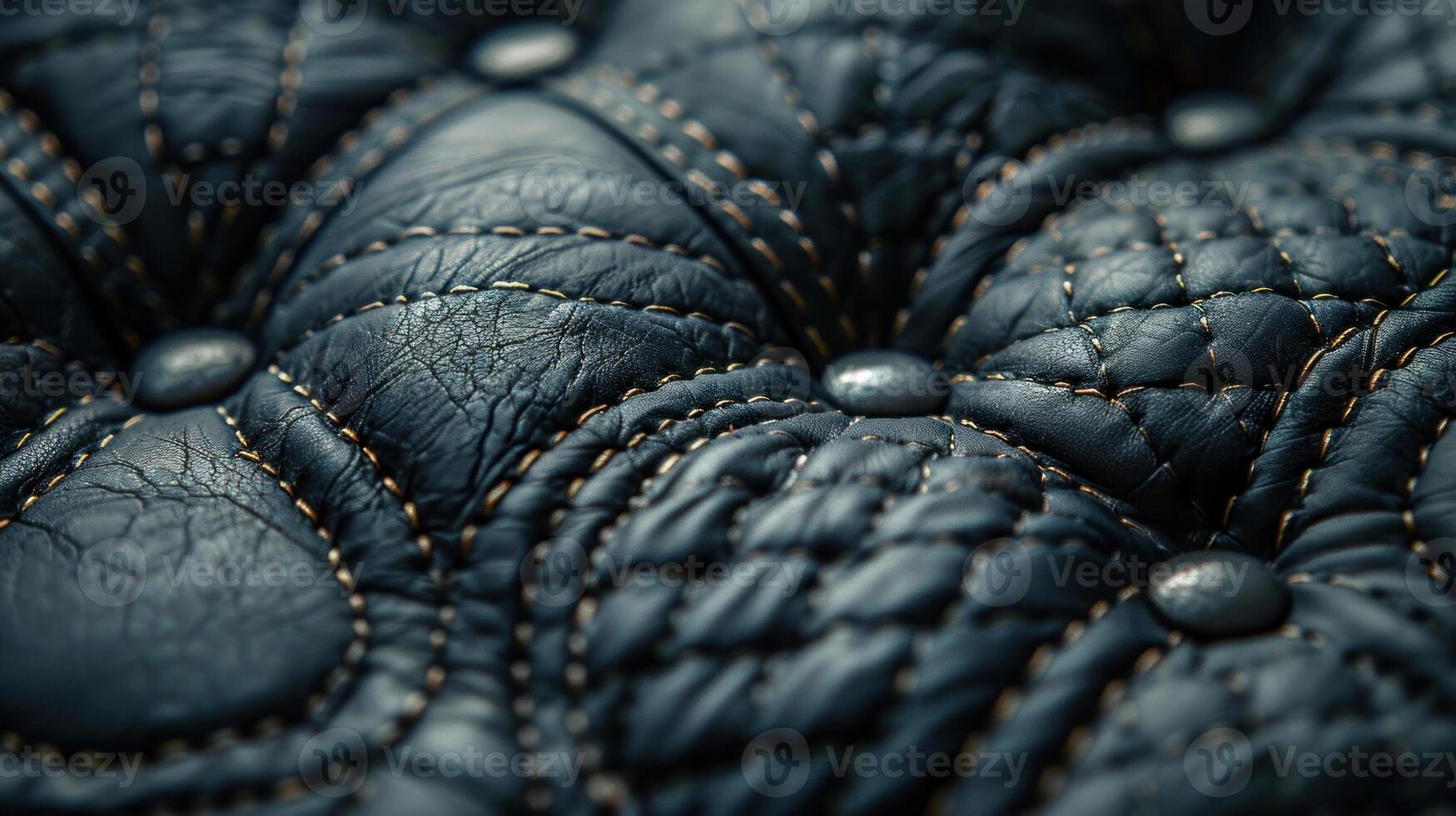 Close-up view of dark leather seat upholstery with gold stitching and rivets. Detailed texture, quilted pattern, and vintage look. photo