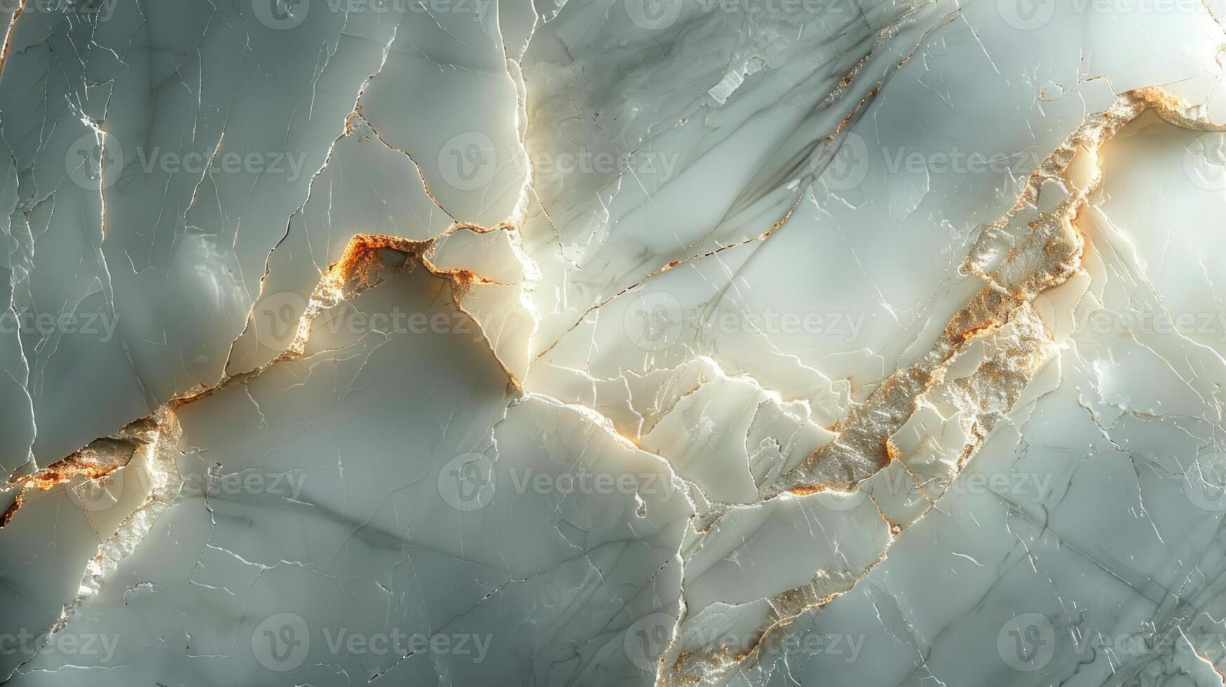 Detailed close-up view of a light gray and white marble surface with golden veins, showing textured cracks and patterns. photo