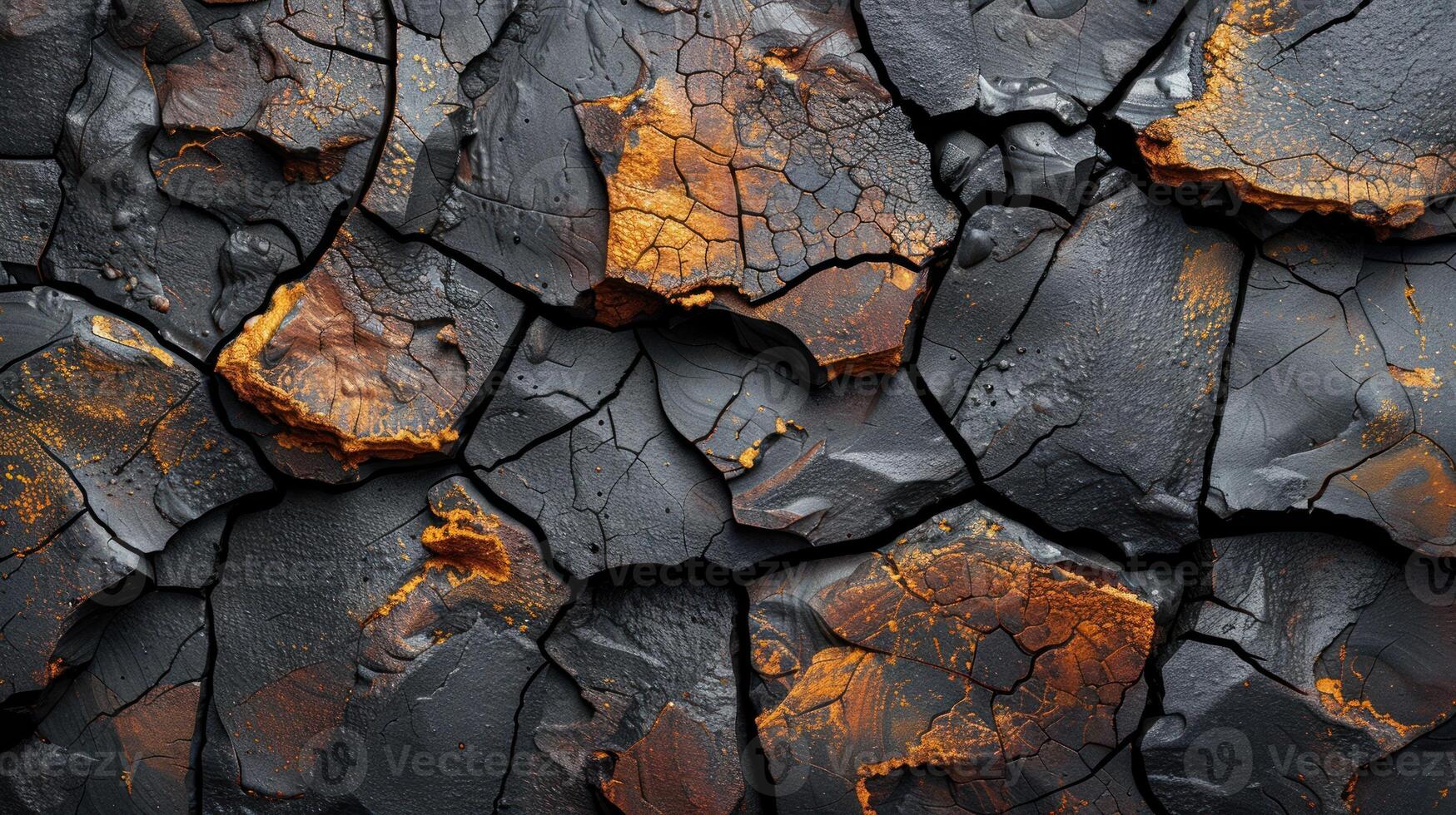 Close-up view of cracked, dark grey and orange earth texture. Deep fissures and fragments of the surface. photo
