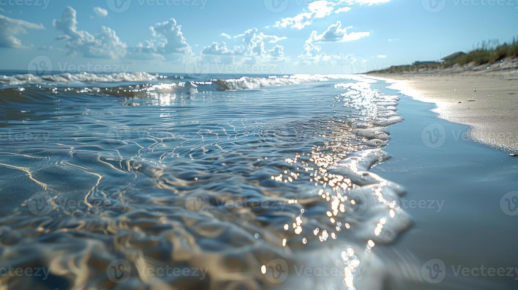 Clear water lapping gently onto a sandy beach on a bright sunny day. photo
