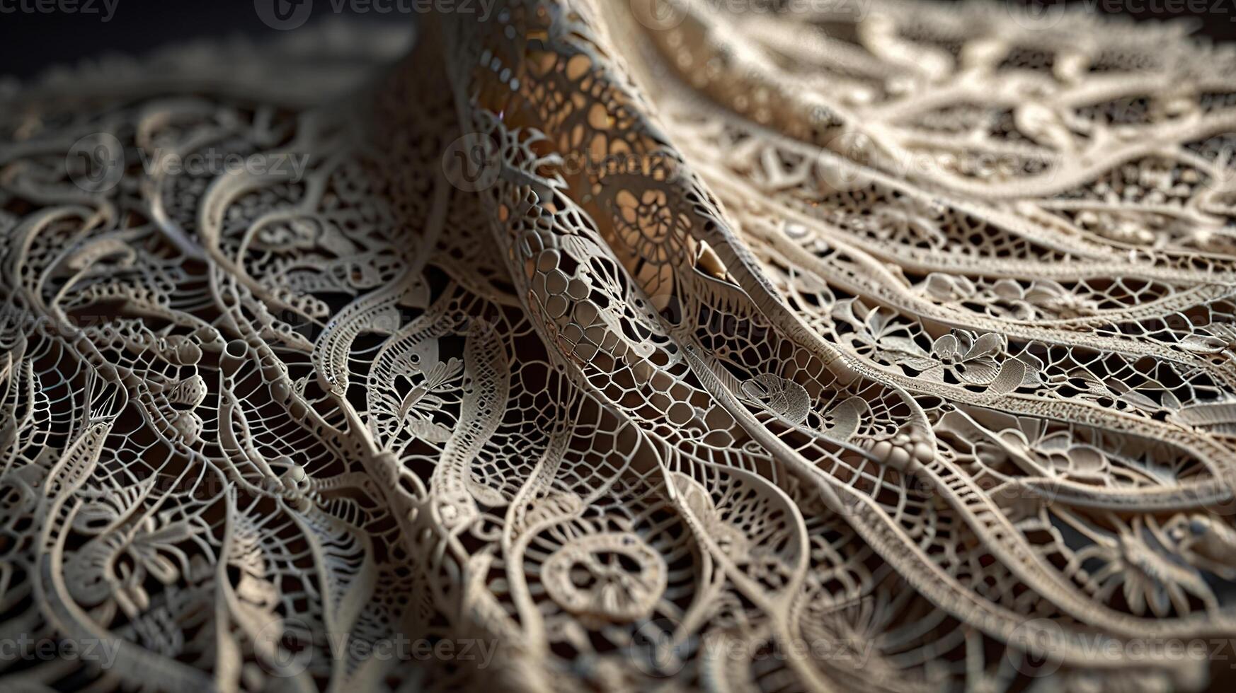 delicate lace cloth surface in soft ivory, under the soft, cool light of twilight, showcasing the intricate patterns and translucent quality. Include subtle shadows photo
