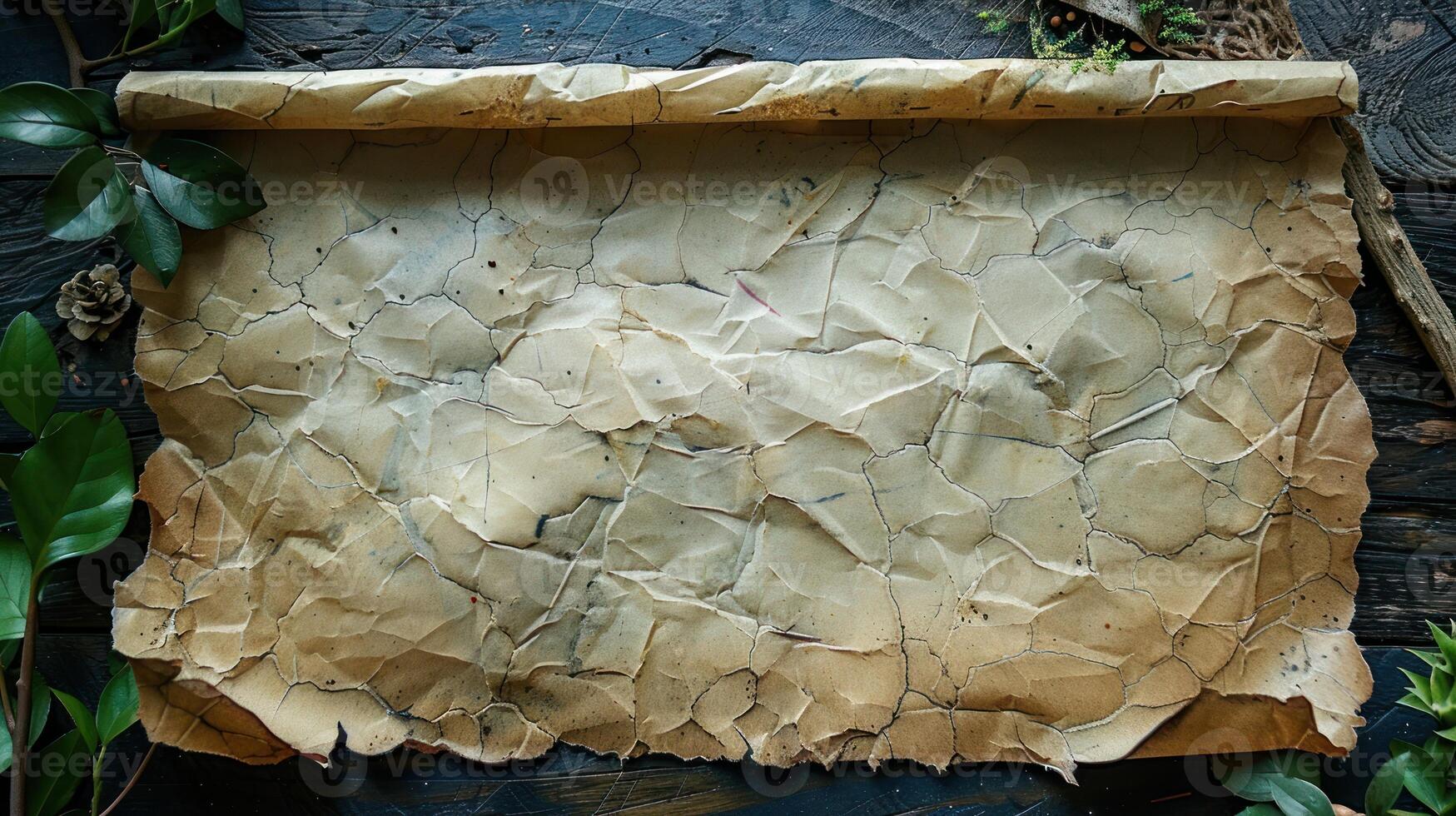 Unrolled vintage map on dark wooden surface with foliage and nature elements. photo