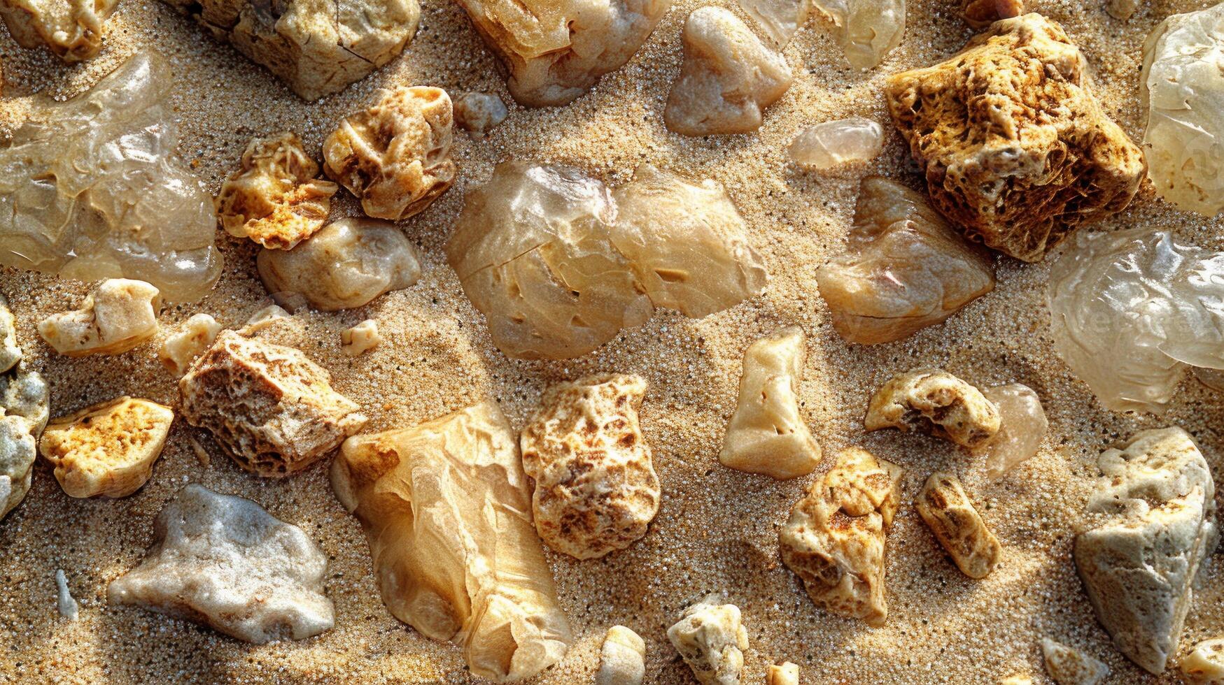 Close-up of various small, light-colored rocks and crystals on light tan sand. photo