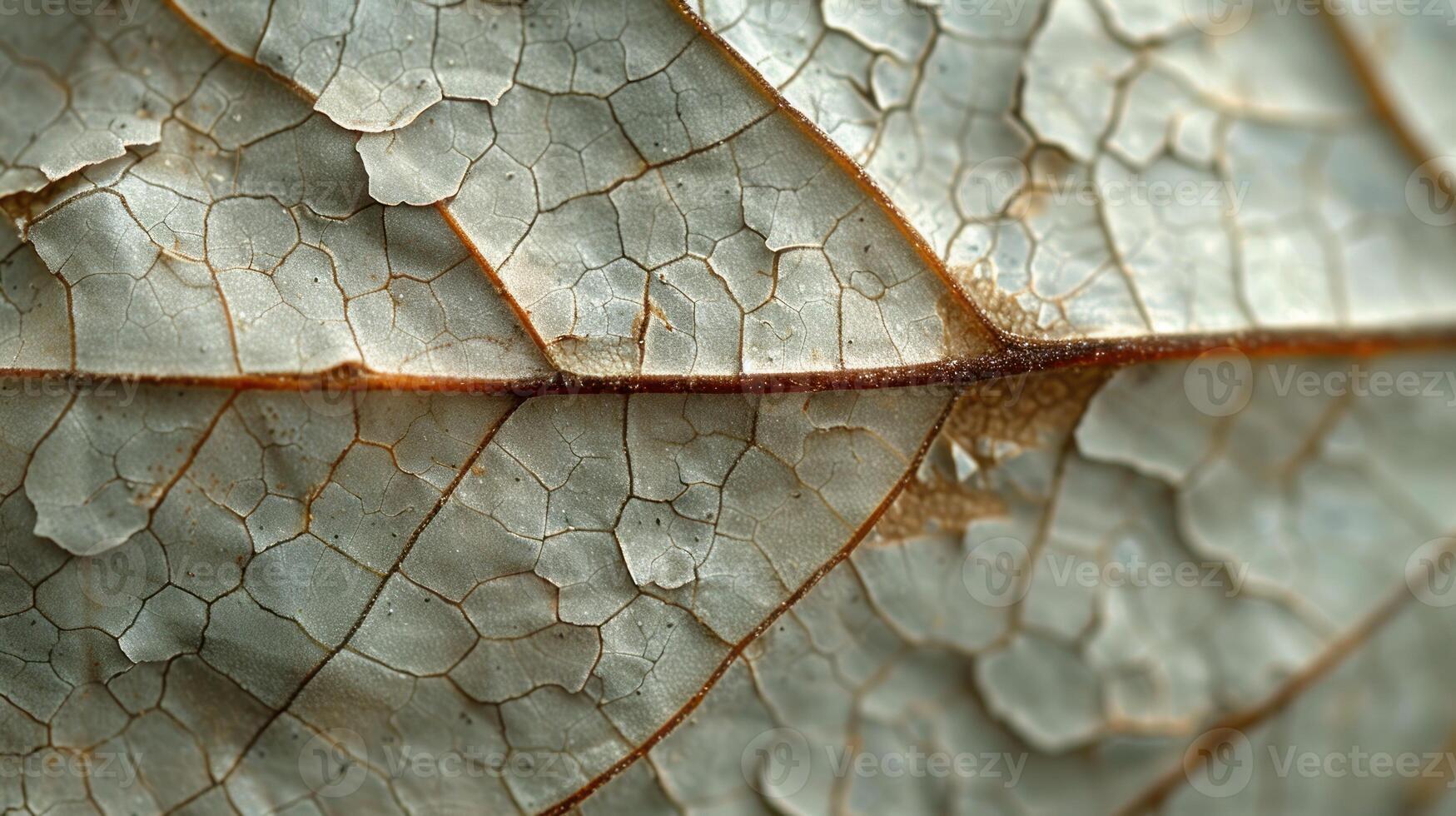 Close-up of a dried leaf's textured surface, showcasing intricate patterns of cracks and veins. photo