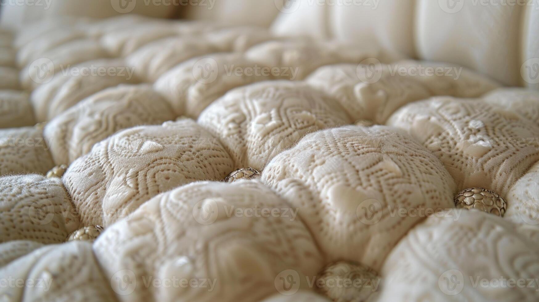 Close-up of tufted cream-colored upholstery with decorative patterns. photo