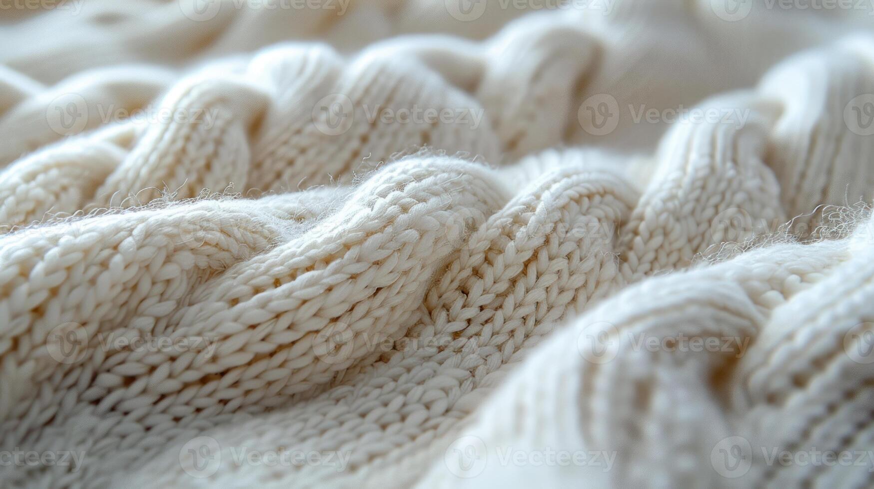 Close up of a textured, cream-colored knitted fabric with visible stitches and folds. photo