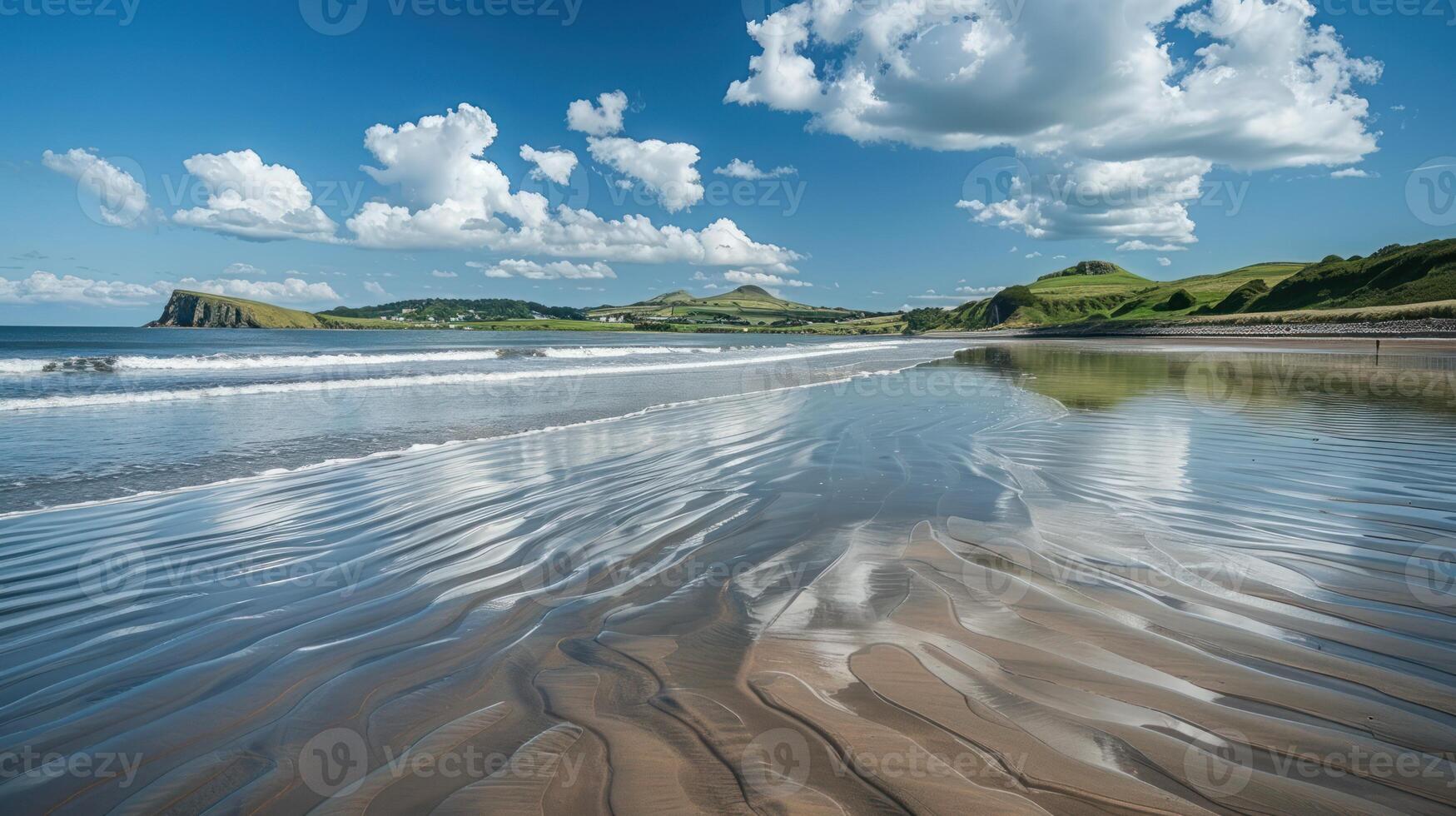 Calm beach scene with reflections of clouds and hills on the water. photo