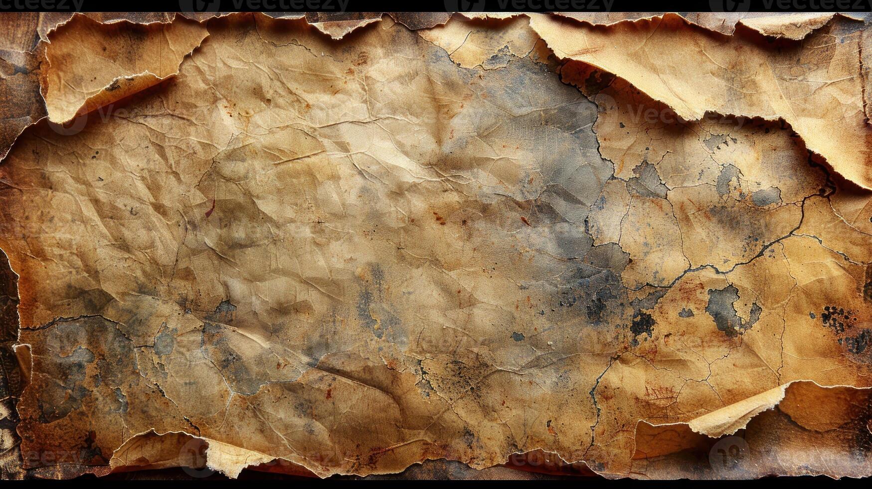 Aged, crumpled, parchment map with torn edges. Detailed distressed texture. photo