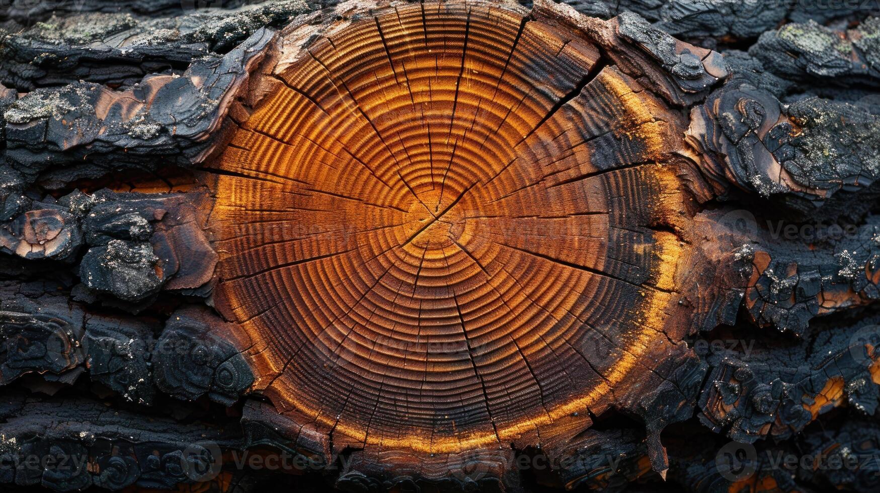 Close-up of a charred tree trunk with a vibrant, circular cross-section. photo