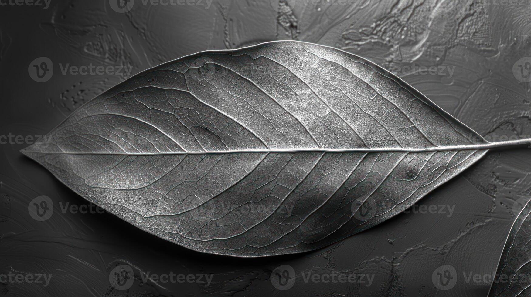 Close-up grayscale leaf, intricate veins, textured background. photo