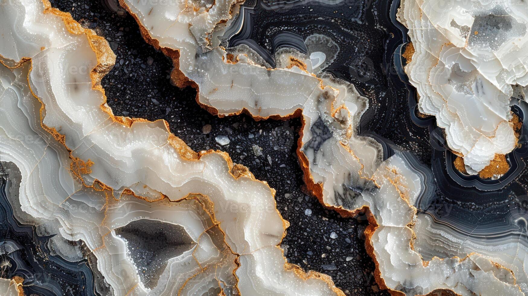 Detailed close-up view of a natural stone, showcasing intricate veins and patterns in shades of white, grey, black, and gold. Abstract stone texture with organic shapes. photo