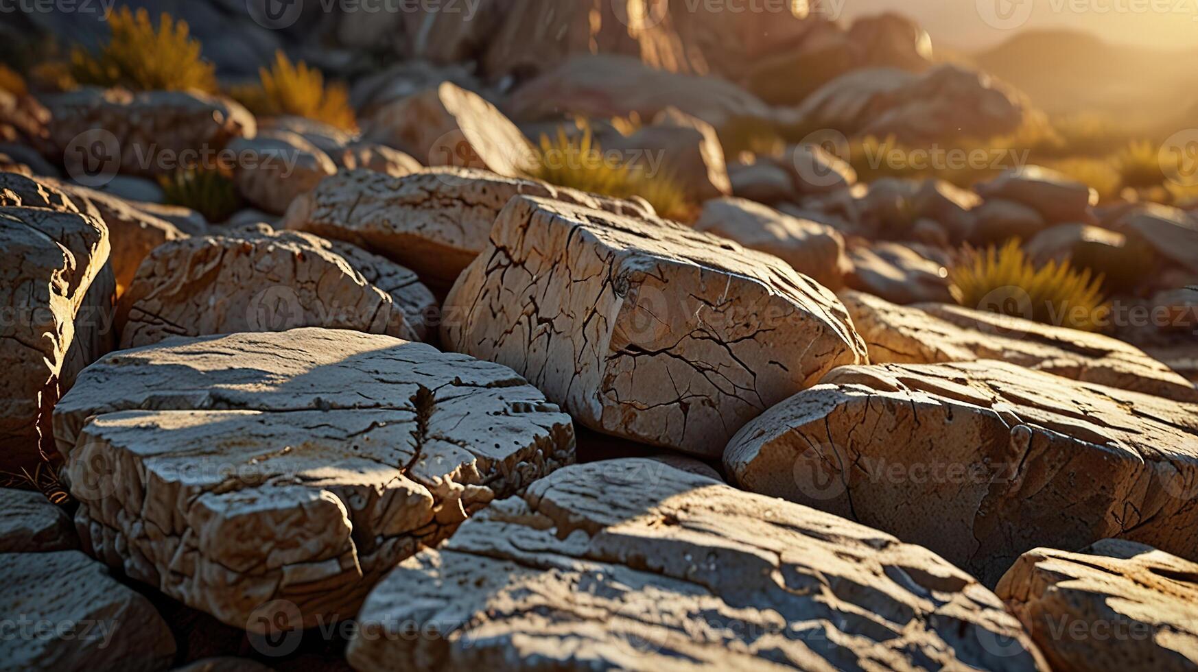 rough limestone rock surface with weathered grooves, illuminated by the golden light of sunset. Emphasize the intricate details and depth of the grooves, with long shadows. photo
