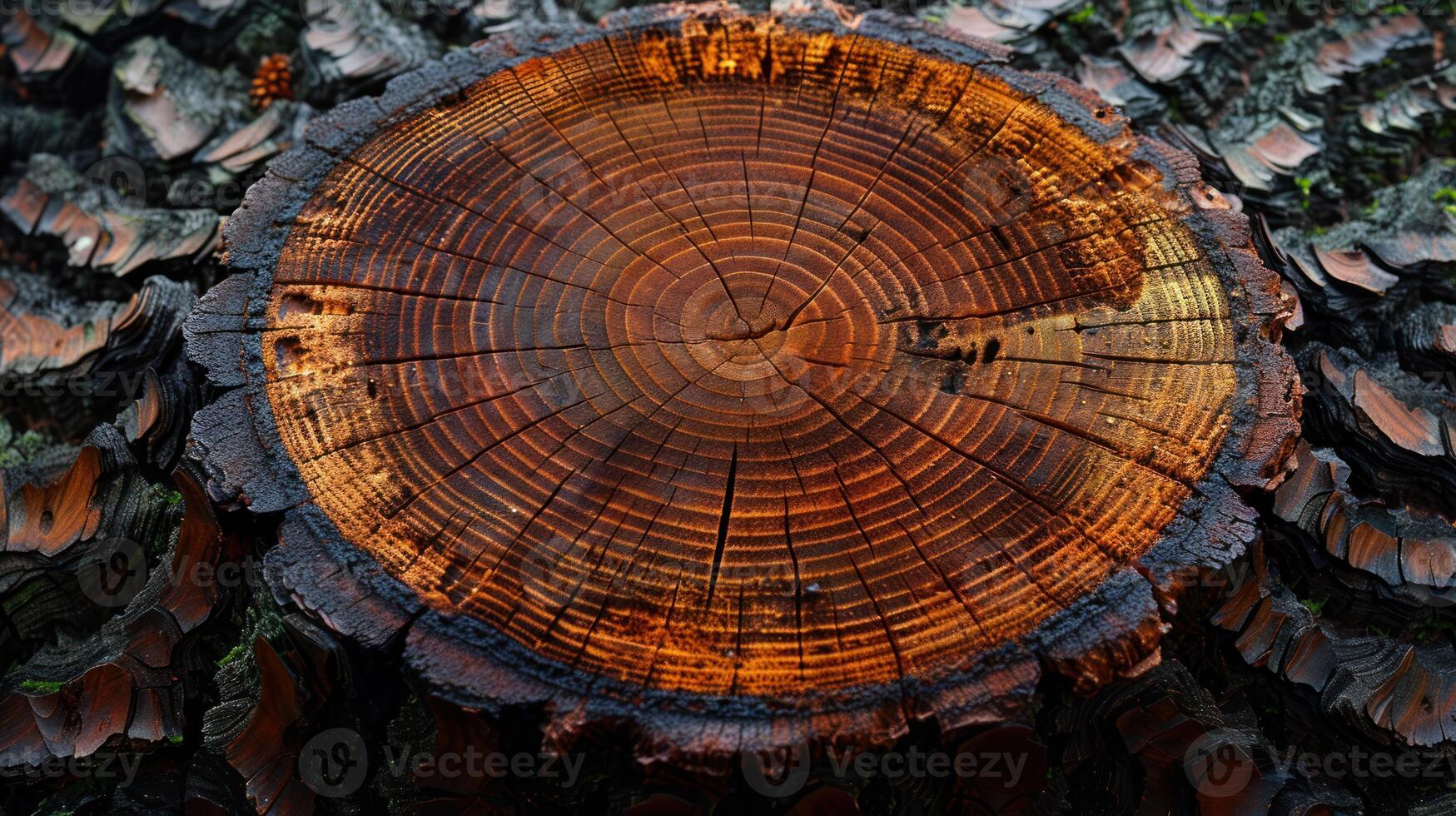 Close-up of a tree trunk cross-section, showing annual rings and wood grain. Dark brown and light brown tones. photo