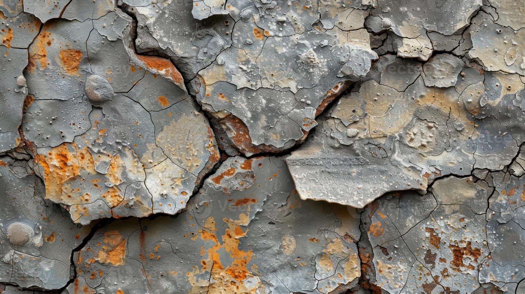 Cracked and rusted metal surface texture. Detailed close-up view of weathered, decaying, and aged metal with deep fissures and flaking paint. photo